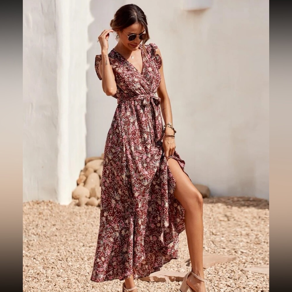 2/$40 NWOT multicolor floral, BoHo dress wrap ruffle hem belted SHEIN sleeveless